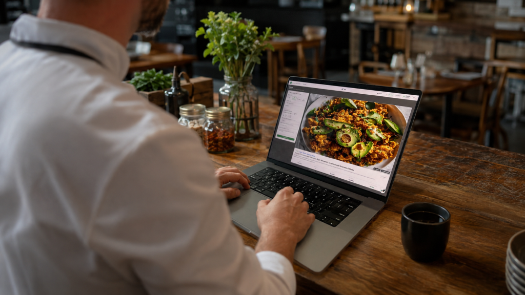 Restaurant owner using AI on a laptop during a quiet moment in a cafe