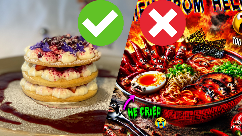 Diner comparing an AI food image on a restaurant menu with the real dish served
