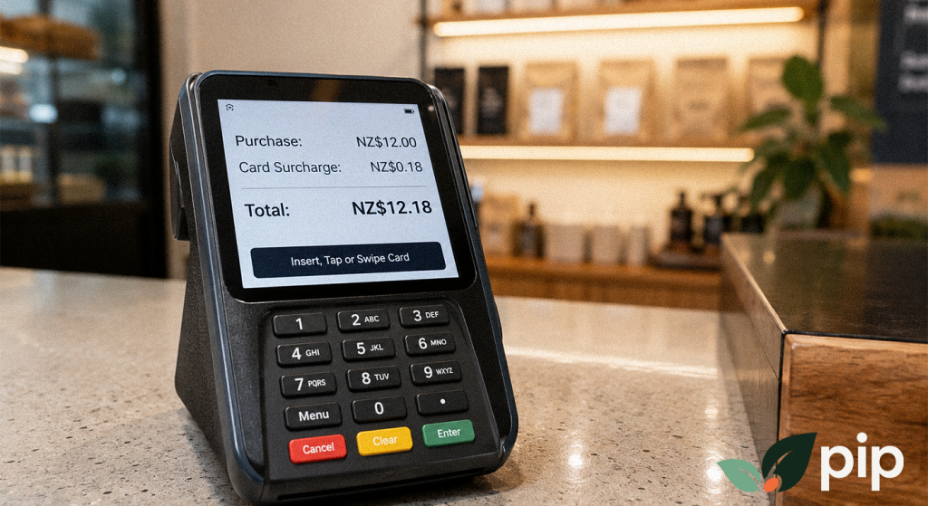 Card payment terminal at a New Zealand cafe showing a surcharge notice